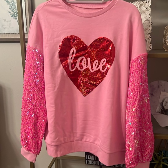 Pink valentines long sleeve, red love heart sparkle, pink sequin sleeves - Picture 7 of 8